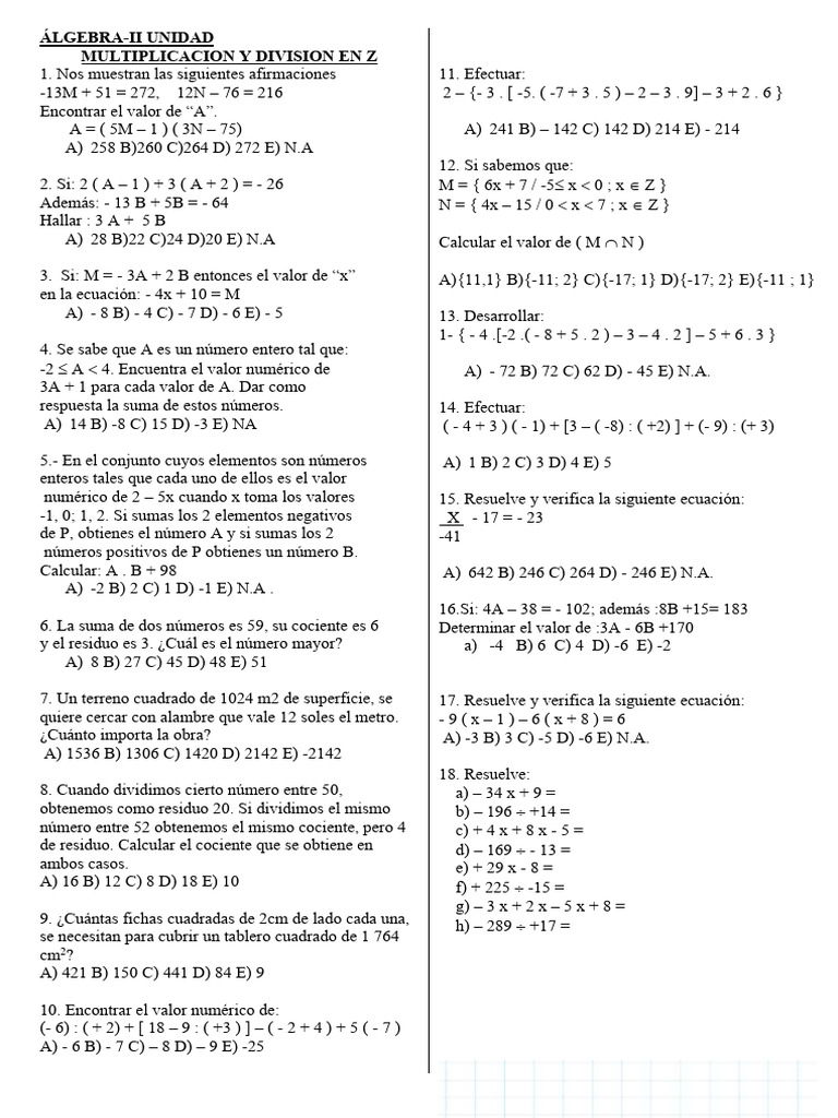 Algebra_multiplicacion y Division en z | PDF