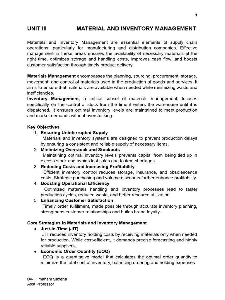 Unit - III MBA 2nd Sem Operations Management | PDF | Inventory | Supply ...
