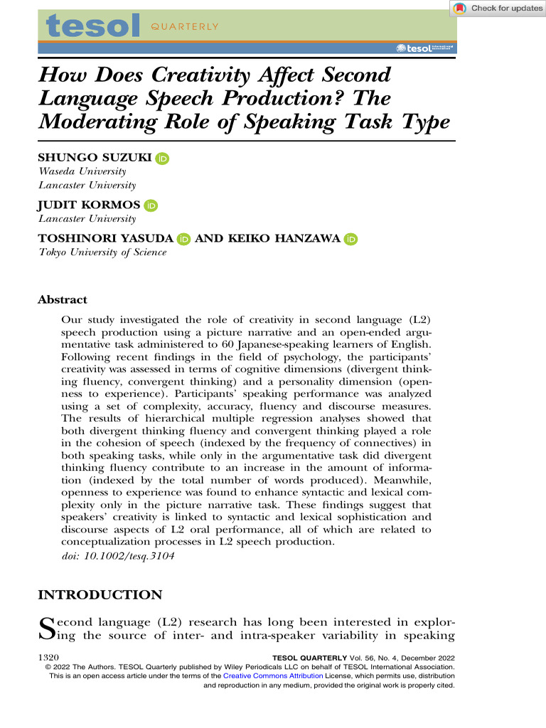 TESOL Quarterly - 2022 - Suzuki - How Does Creativity Affect Second ...