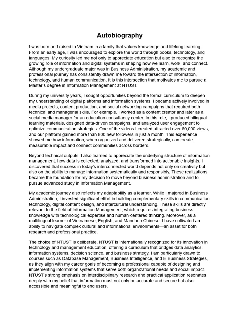 Autobiography For NTUST | PDF