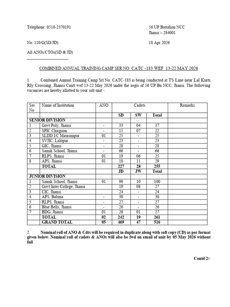 CATC-183 13-22 May 2026 Camp Vac Detailment Letter | PDF | Youth ...