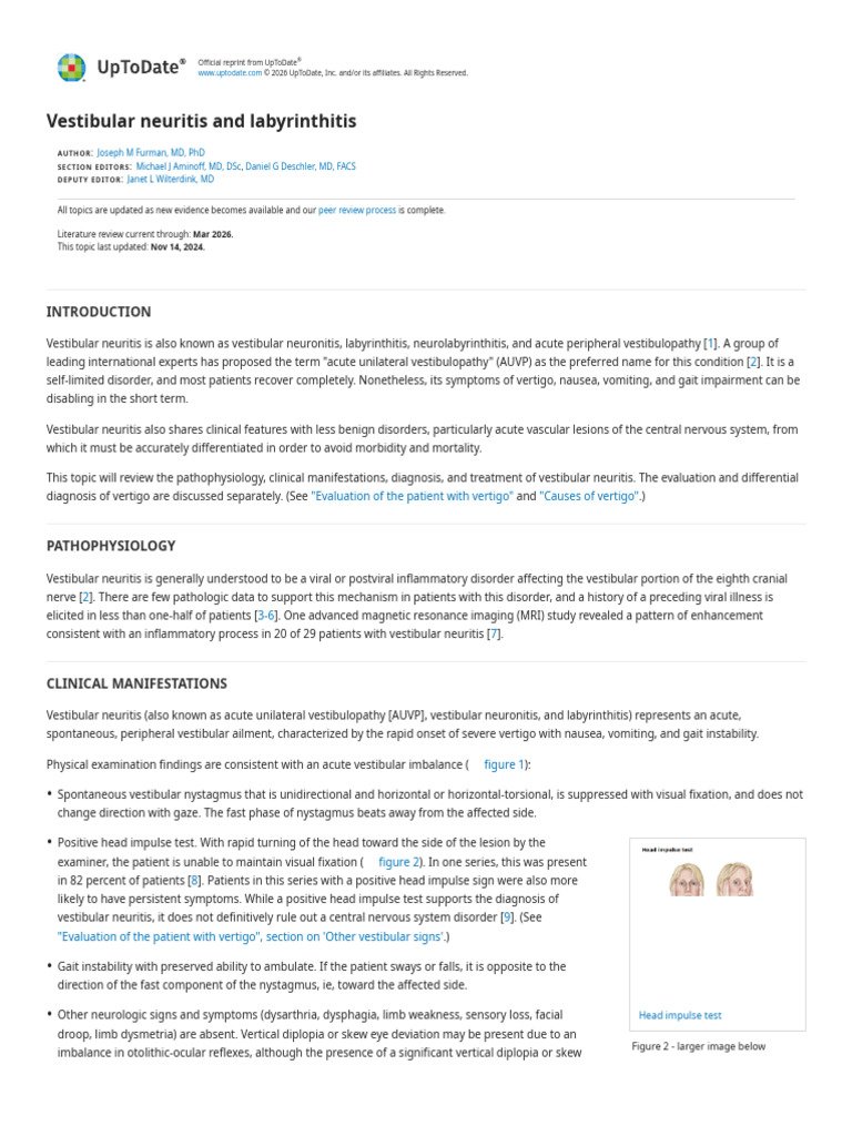 Vestibular neuritis and labyrinthitis - UpToDate | PDF | Vertigo ...