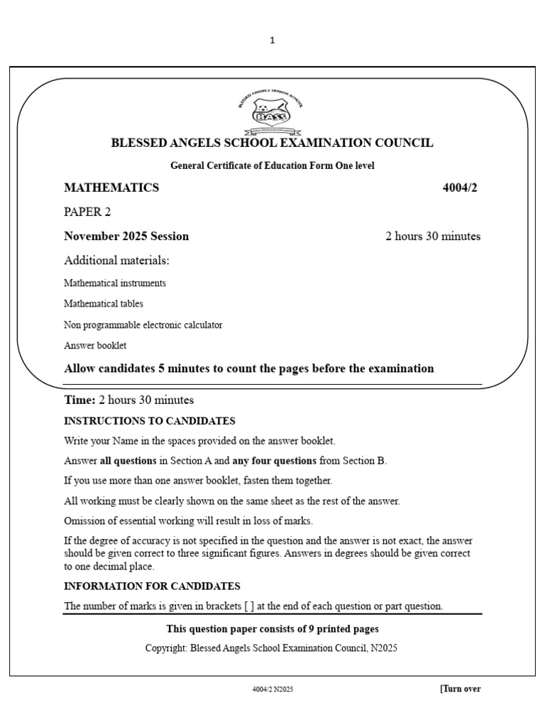 Form 1 Maths P2. | PDF | Area | Mathematics
