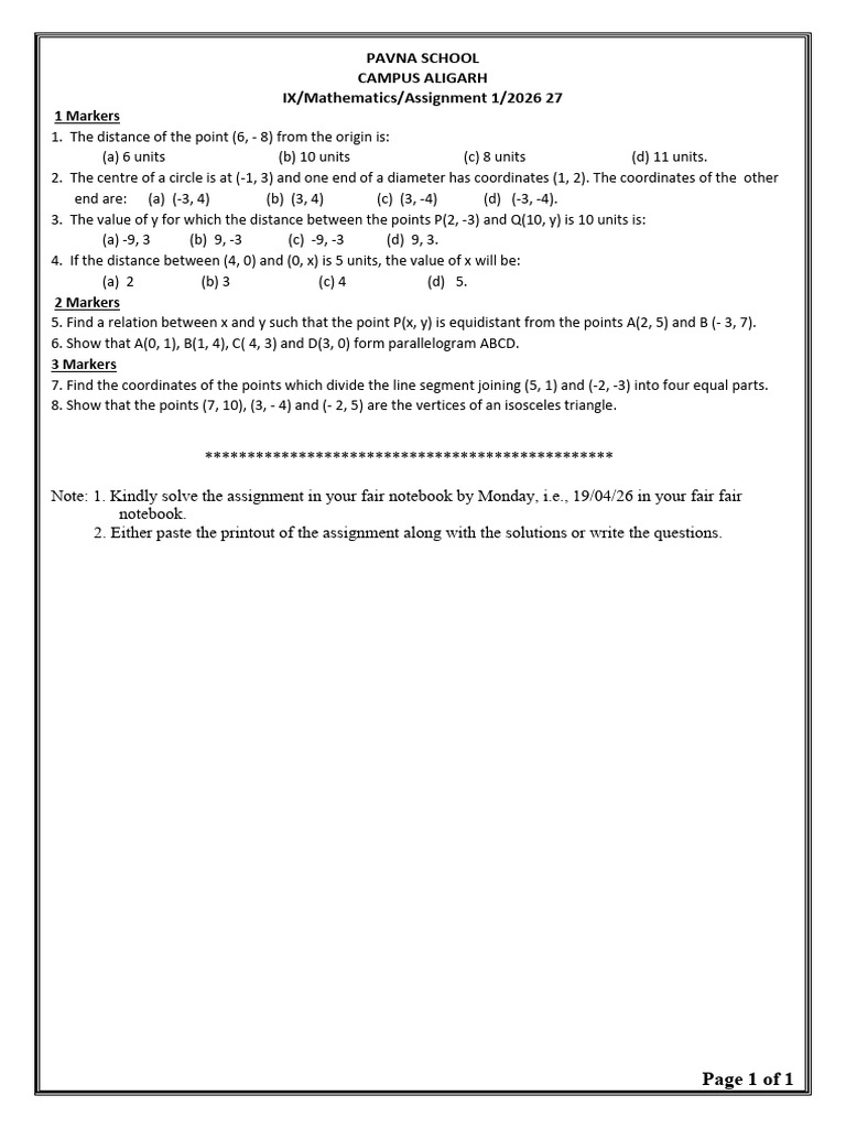 IX Maths 26 27 Assignment 1 | PDF