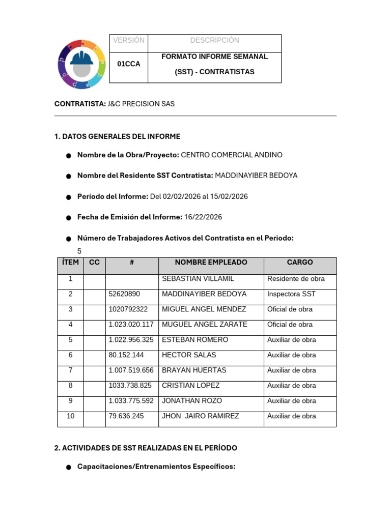 4. 01CCA - INFORME SEMANAL CONTRATISTA (1) | PDF