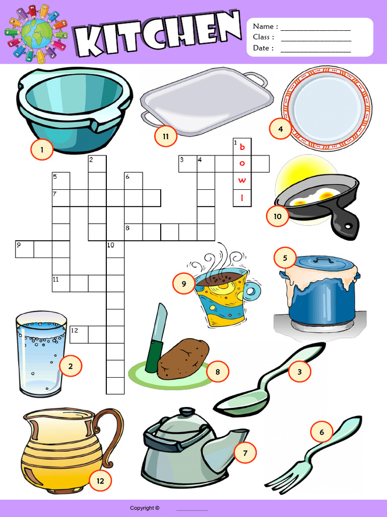 Kitchen Esl Vocabulary Crossword Puzzle Worksheet for Kids | PDF