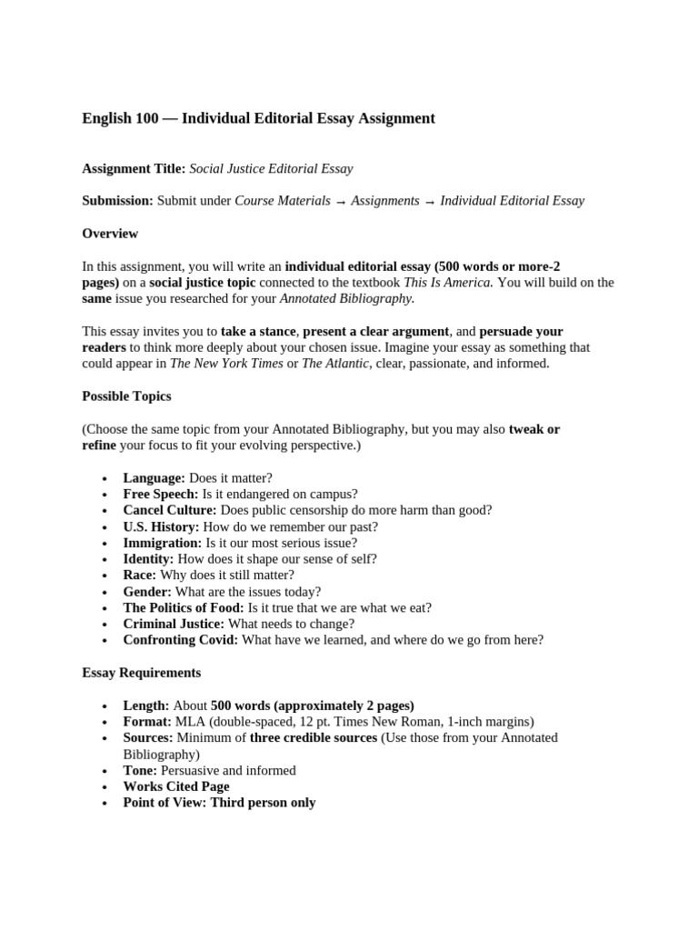 English 100 Individual Editorial Essay 1(1) | PDF