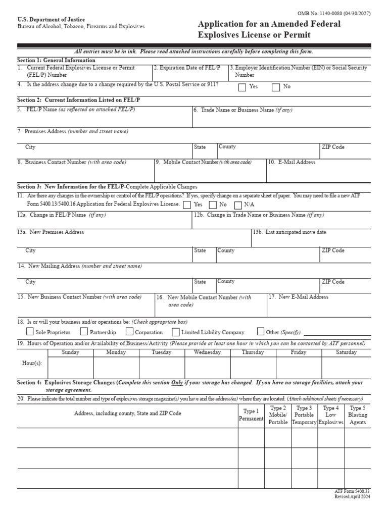 f 5400.33 Application for an Amended Federal Explosives License or ...