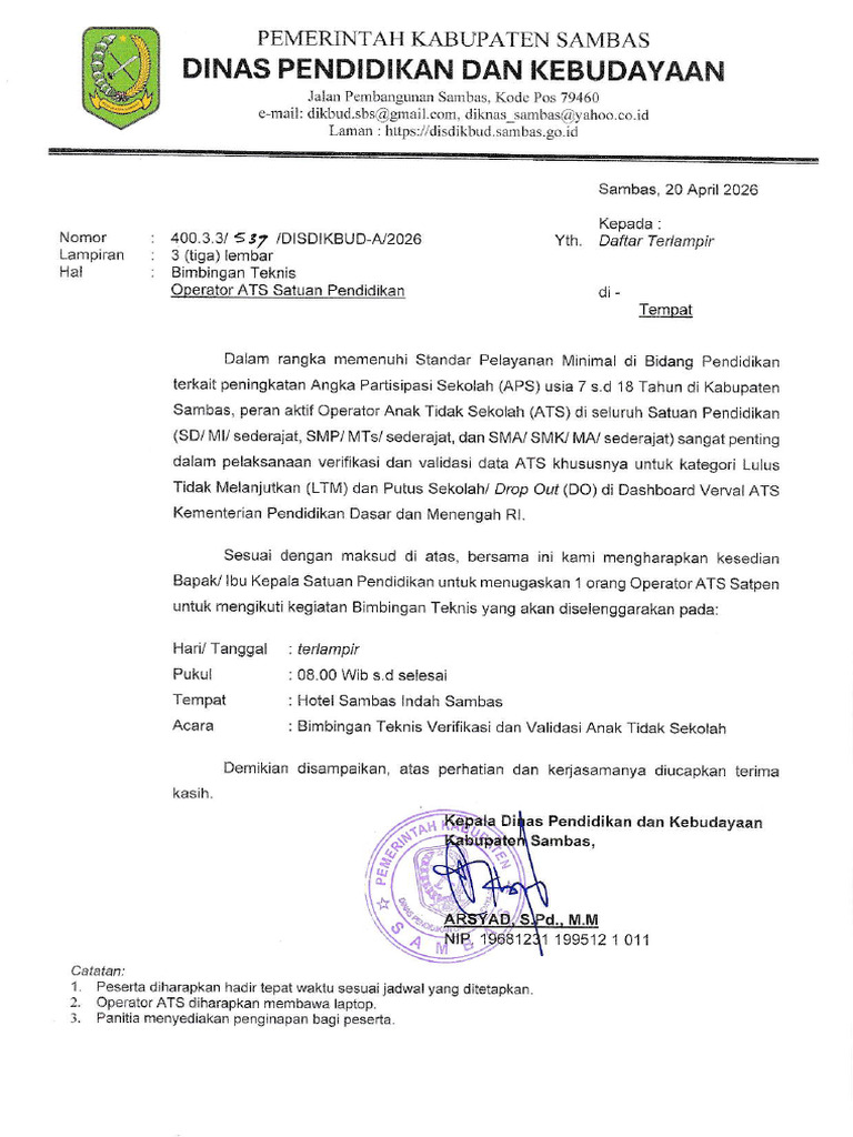 Revisi Jadwal Peserta Bimtek Verval Ats Operator Sekolah | PDF