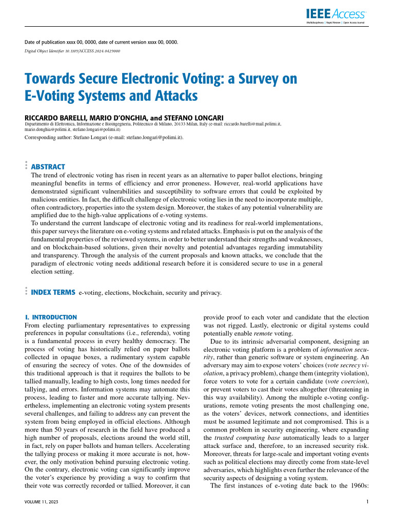Towards Secure Electronic Voting a Survey on E-Vot | PDF | Electronic ...