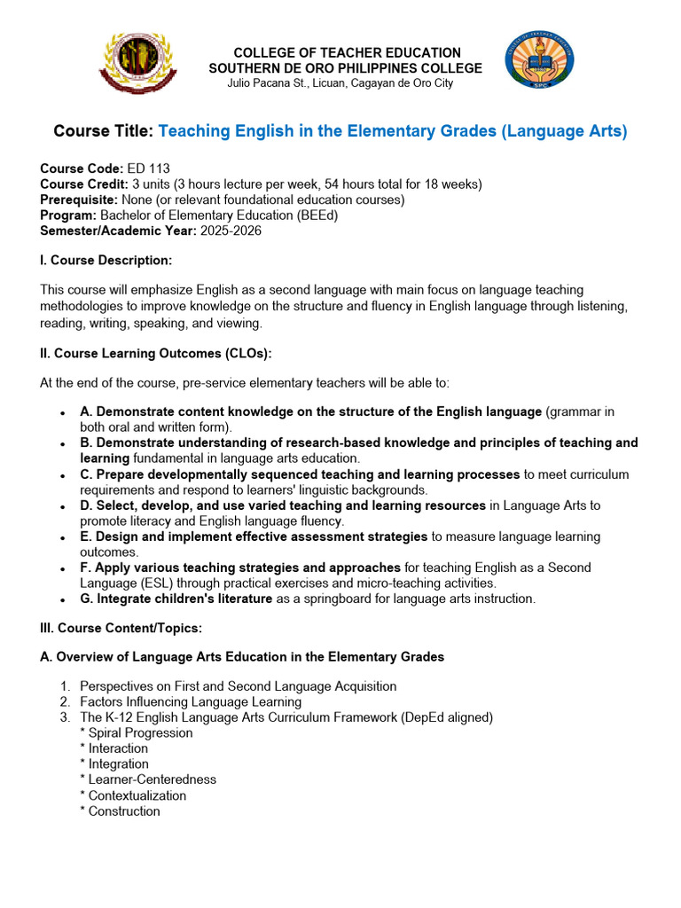 Course-Outline-Teaching-English-Language-Arts | PDF | English As A ...