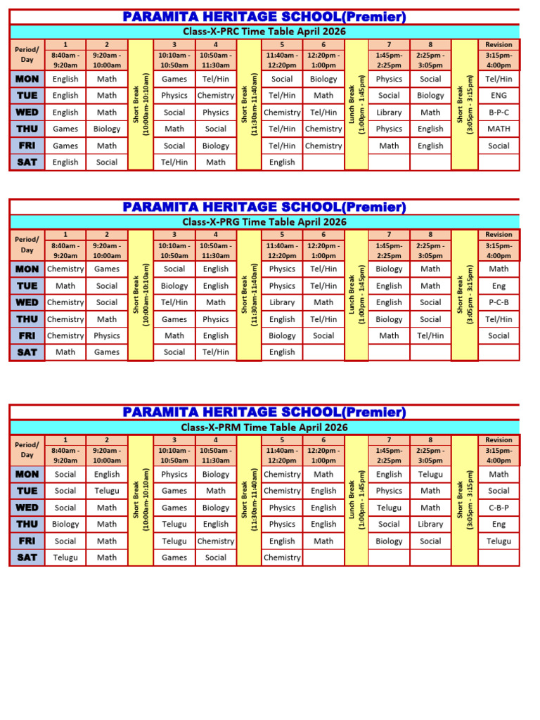 Grade 10 Class Time Table April 2026 | PDF | Natural Sciences ...