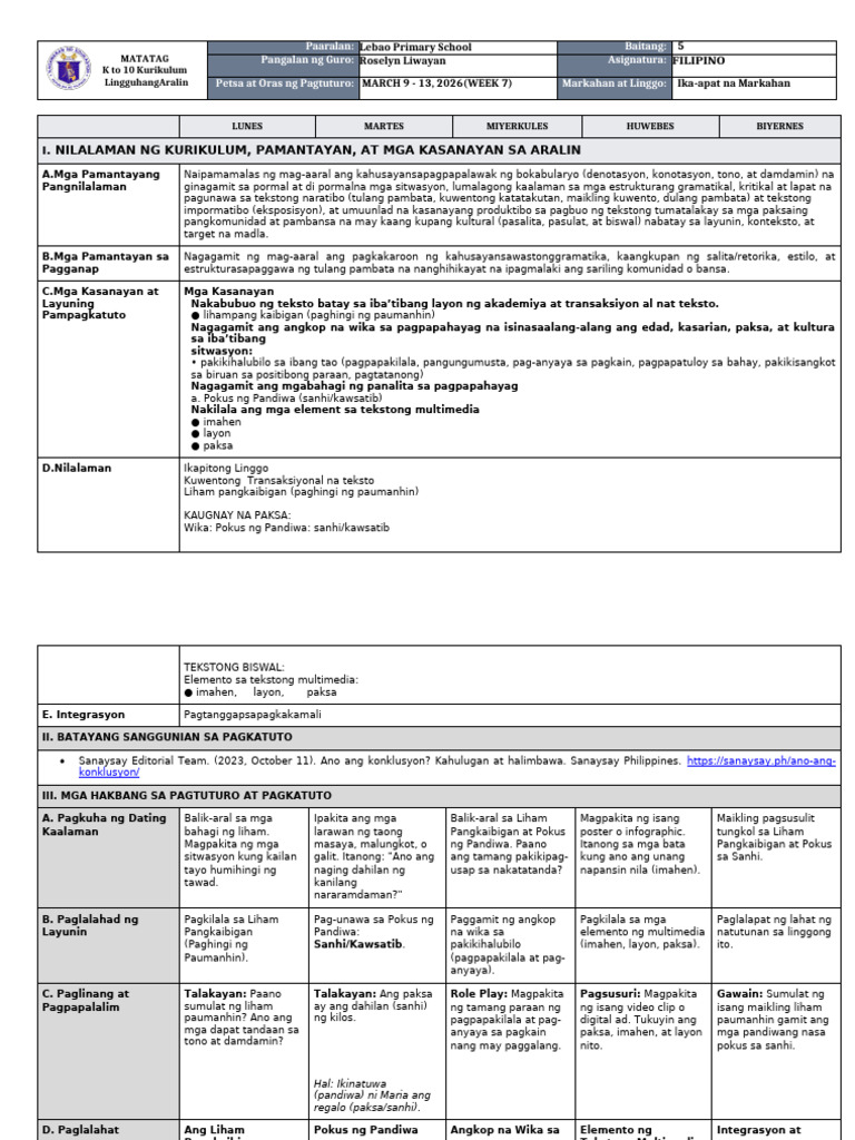 Filipino 5 q4 Week 7 | PDF