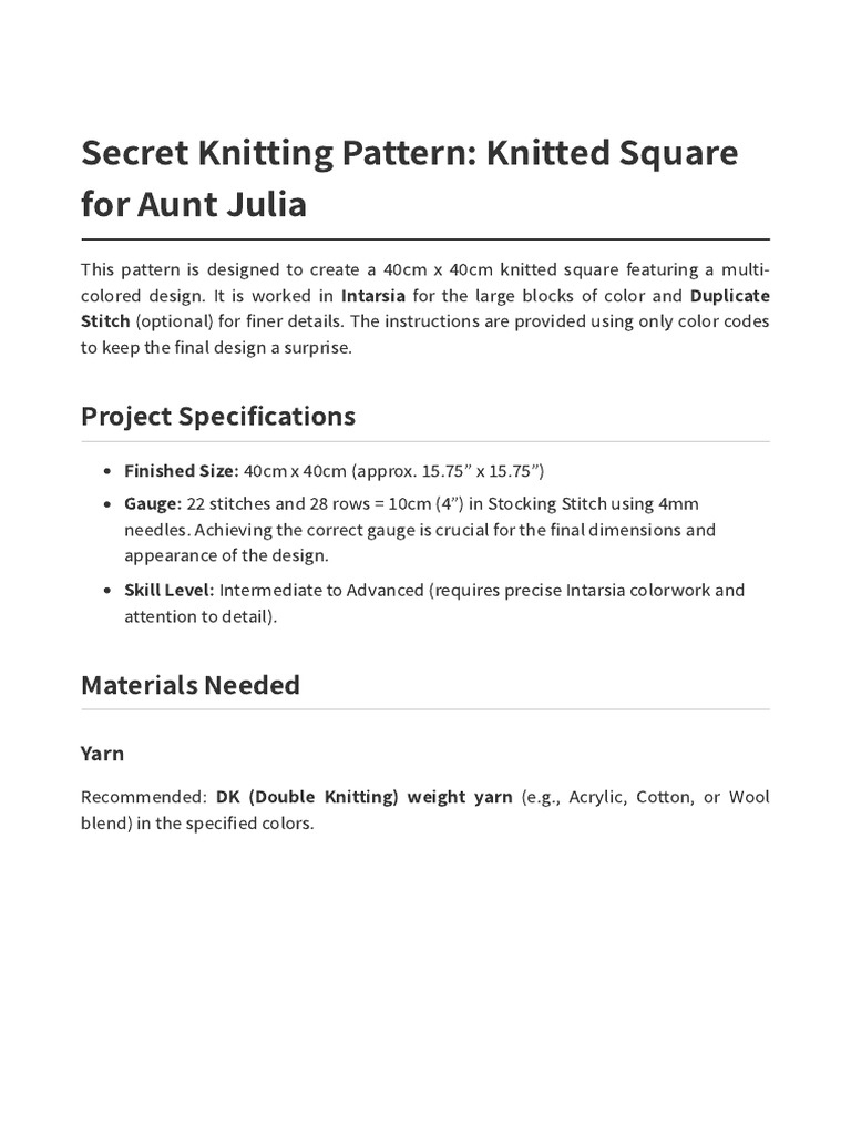 Secret Knitting Pattern for Aunt Julia | PDF | Knitting | Textile Arts