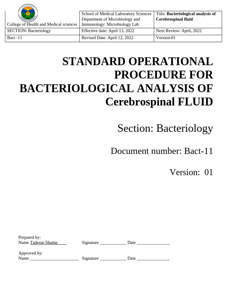 SOP for Sterile Body Fluid Sample Processing (2) | PDF | Cerebrospinal ...
