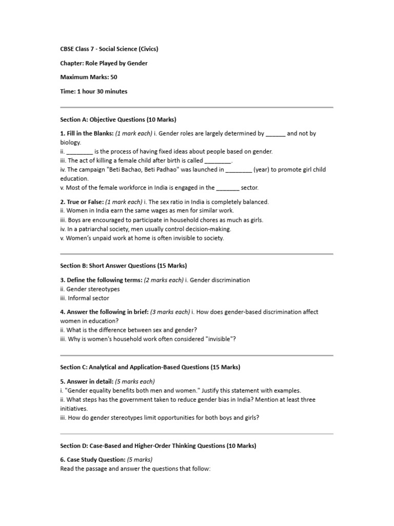 Role Played by Gender Question Paper | PDF | Gender Role | Gender