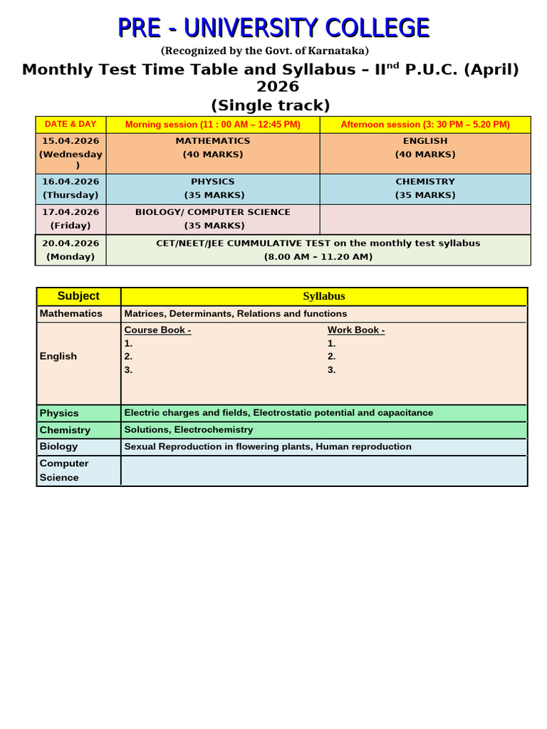 Monthly Test - April (Single Track) N | PDF
