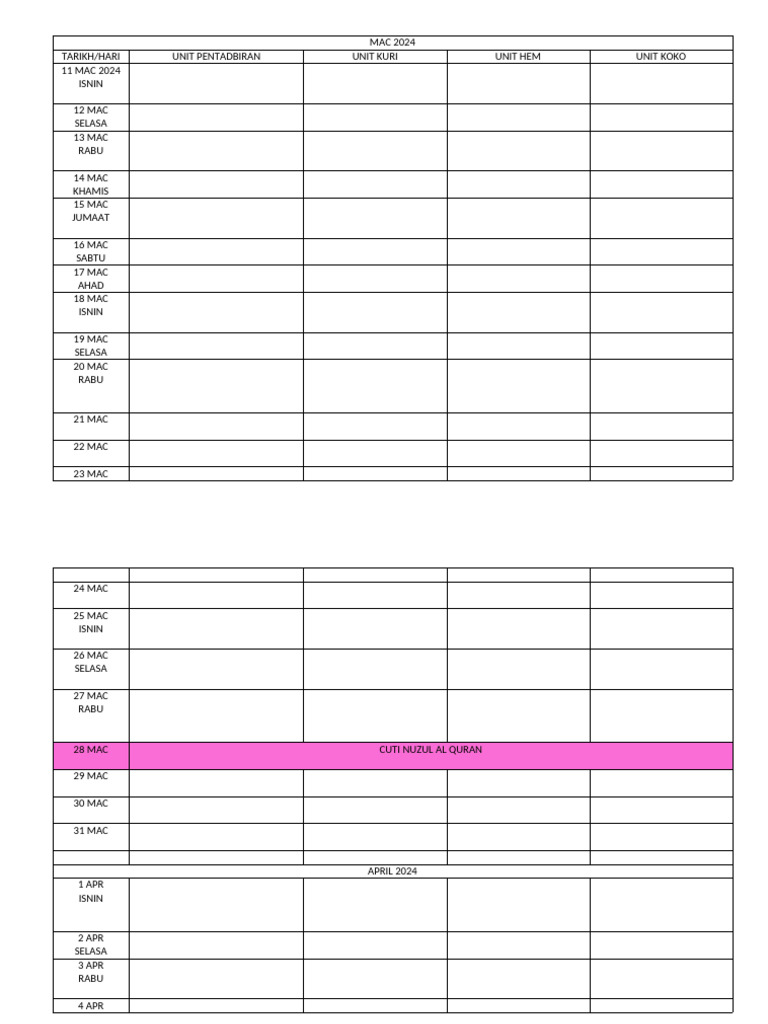 Takwim Template | PDF