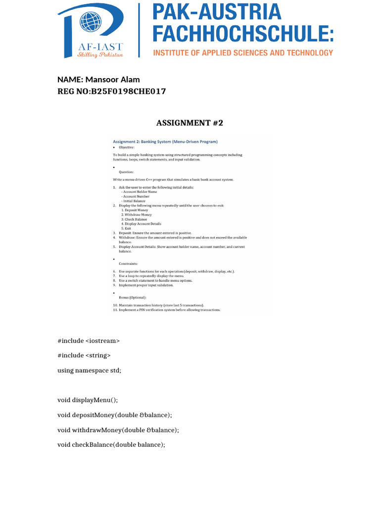 Banking System Assignment#2 Mansoor | PDF | Computer Programming | C++