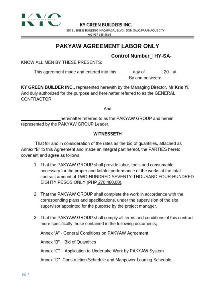 07 Pakyaw Agreement1 | PDF | General Contractor | Business