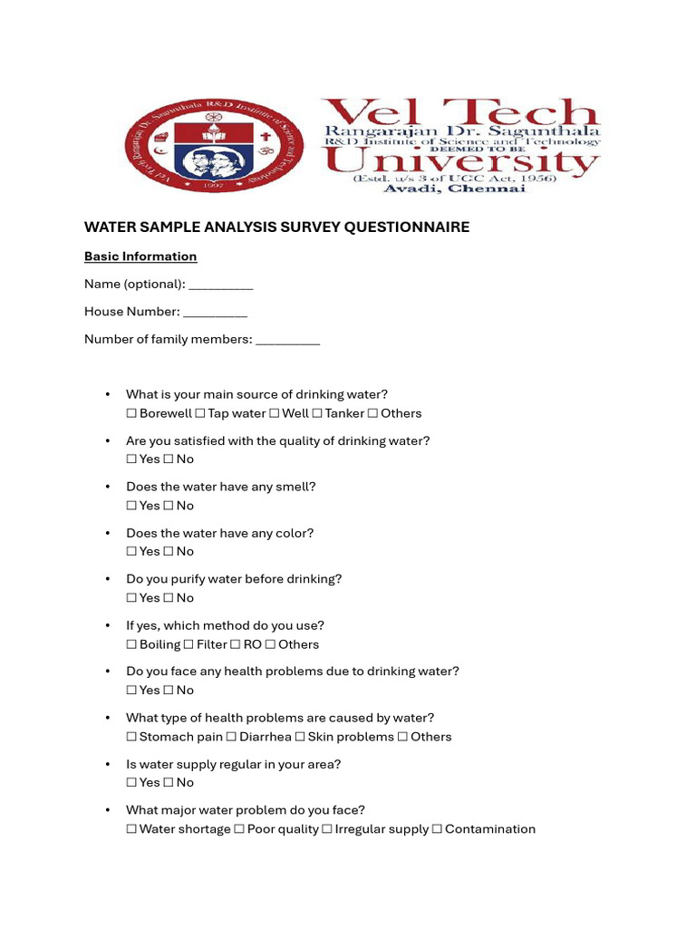 Water Sample Analysis Survey Questionnaire | PDF