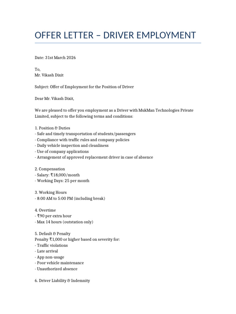 Driver Offer Letter Final Updated | PDF | Indemnity | Insurance