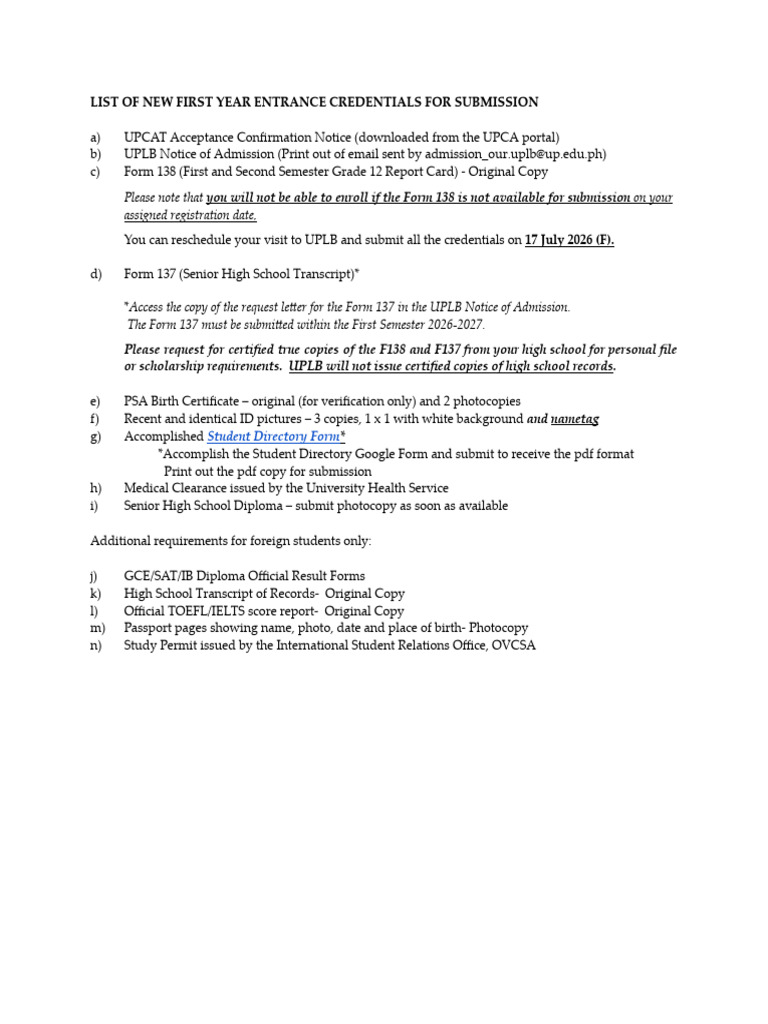 List of Entrance Credentials for Submission | PDF