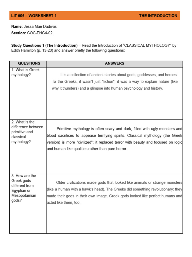 Worksheet 1 (1) | PDF | Greek Mythology | Mythology