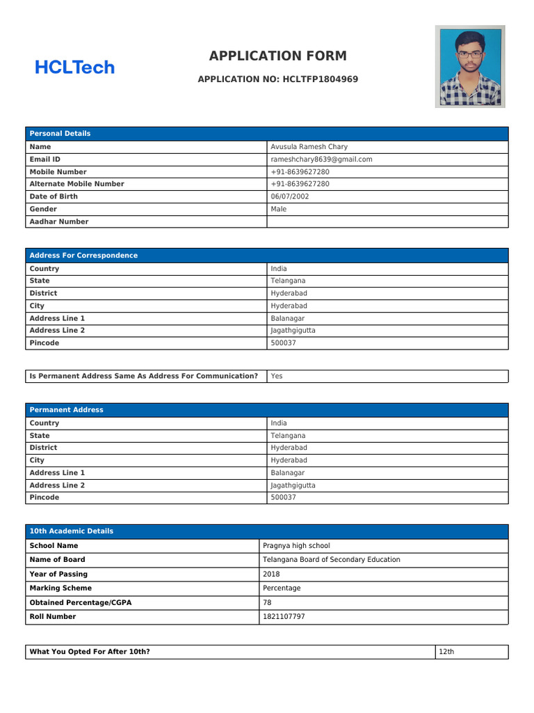 Application Form HCLTFP1804969 (1) | PDF