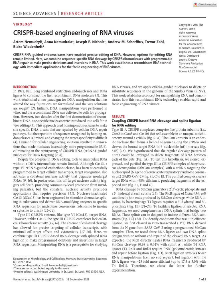 CRISPR-based Engineering of RNA Viruses | PDF | Crispr | Dna Ligase