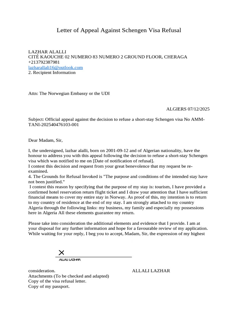 Letter of Appeal Against Schengen Visa Refusal | PDF
