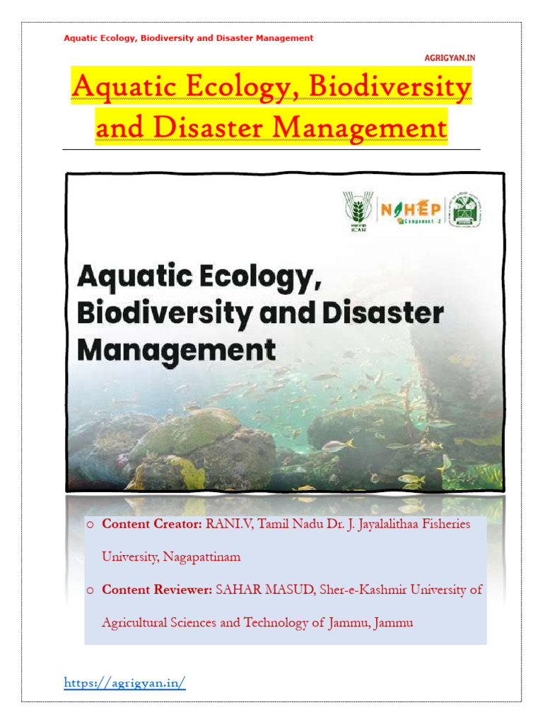 Aquatic Ecology Biodiversity and Disaster Management | PDF | Primary ...