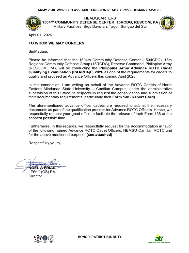 Request Letter for Form 138 Copy | PDF | Military Education And ...