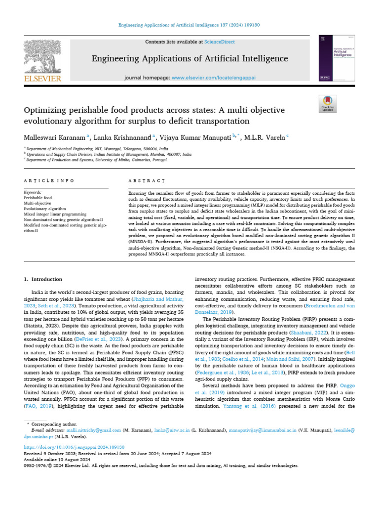 Optimizing Perishable Food Products Across States a Multi Objective ...
