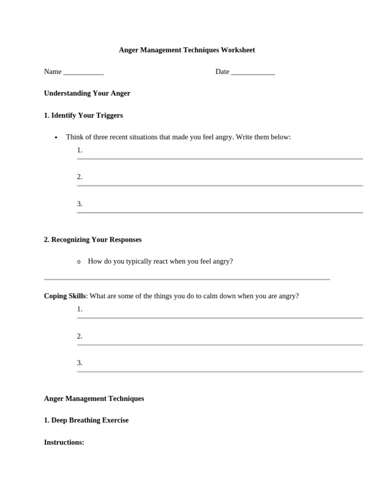 Anger Management Techniques Worksheet | PDF | Anger | Thought