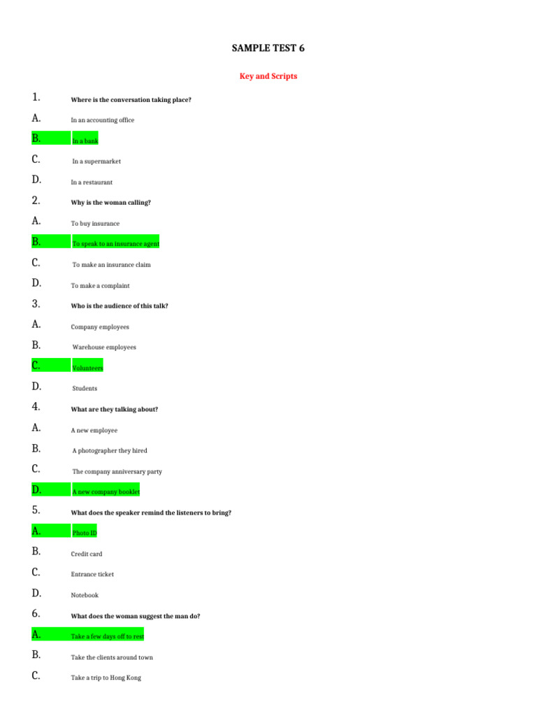 Sample Test 6_Key and Transcripts | PDF