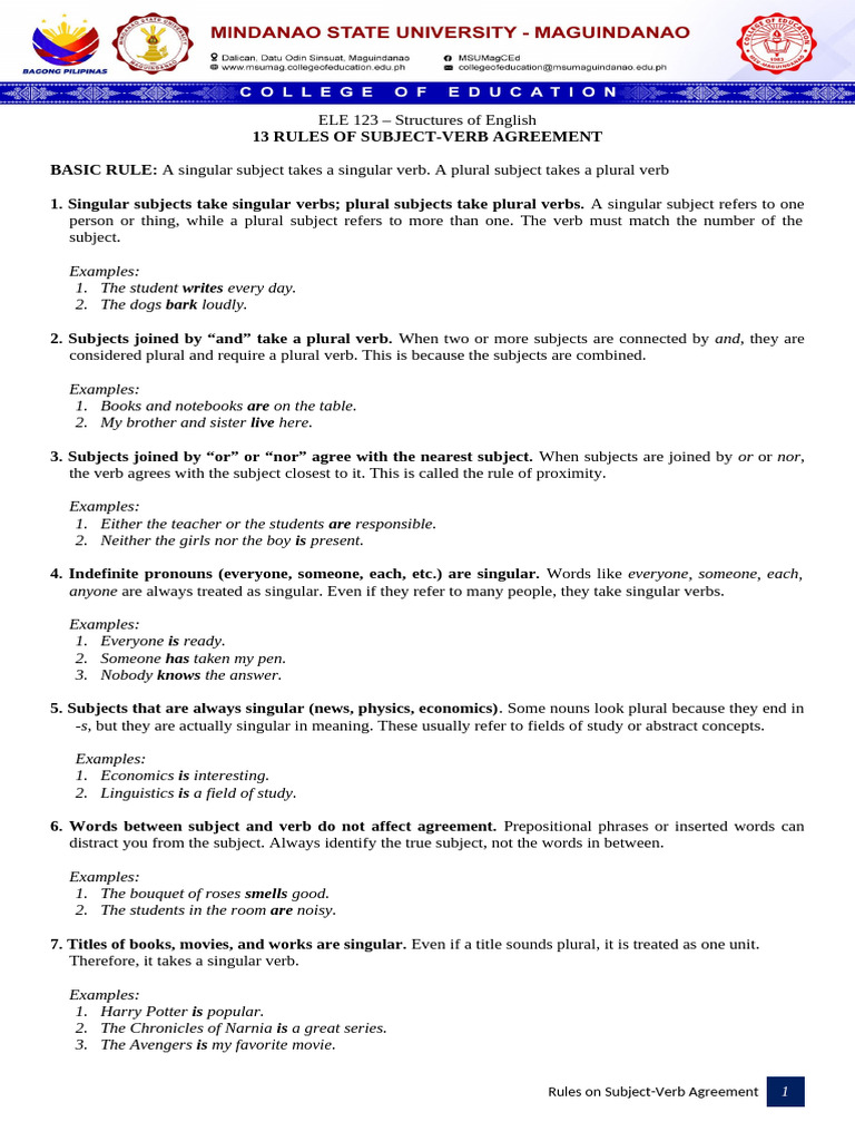 13 Rules of SV A Handouts | PDF | Grammatical Number | Plural