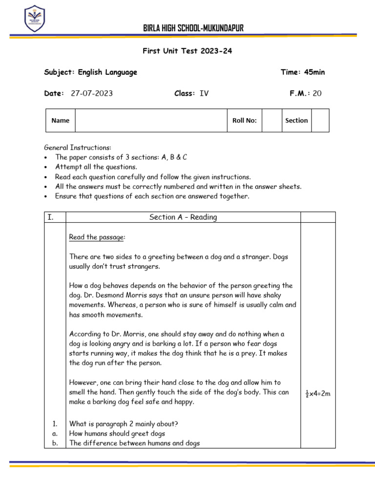 Class IV - English Language Unit Test QP | PDF
