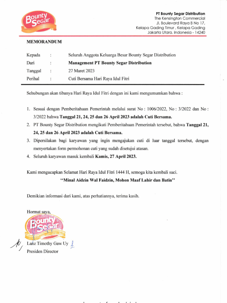 (BSD) Memo Cuti Bersama Hari Raya Idul Fitri 1444 H | PDF