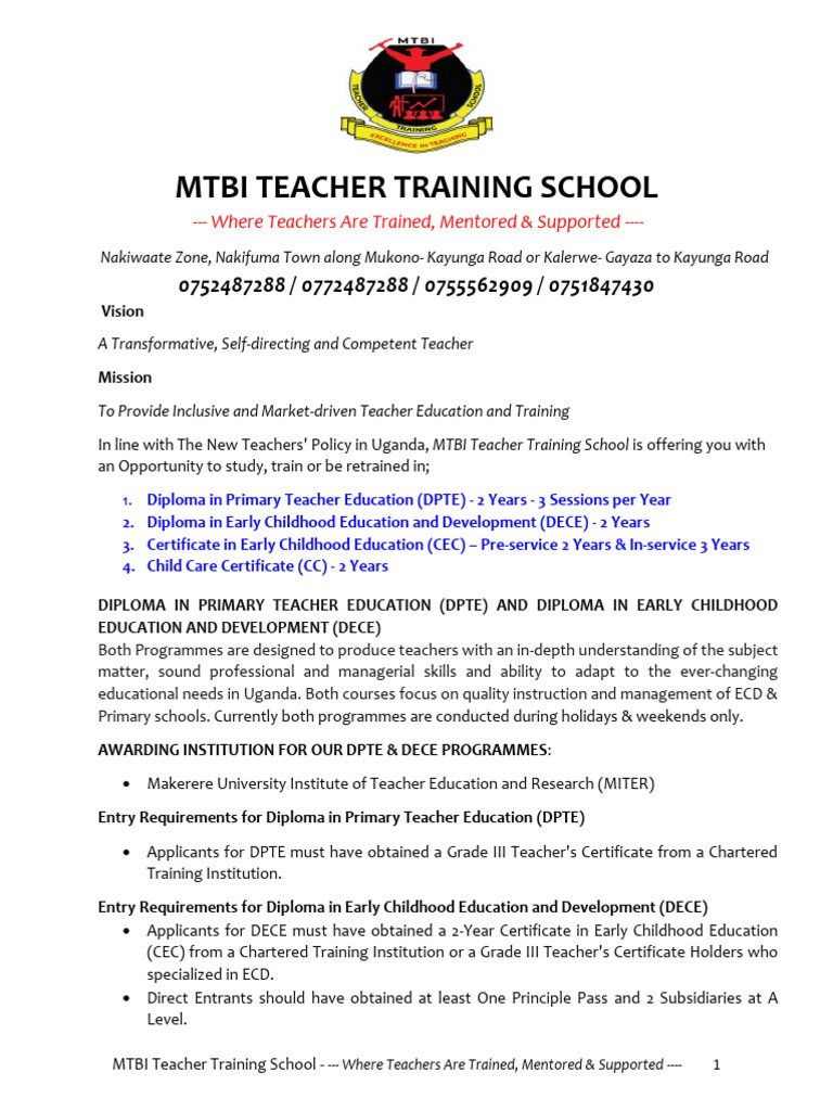 Mtbi Teacher Training School Circular for Ecd & Cc 2026 Intake | PDF ...