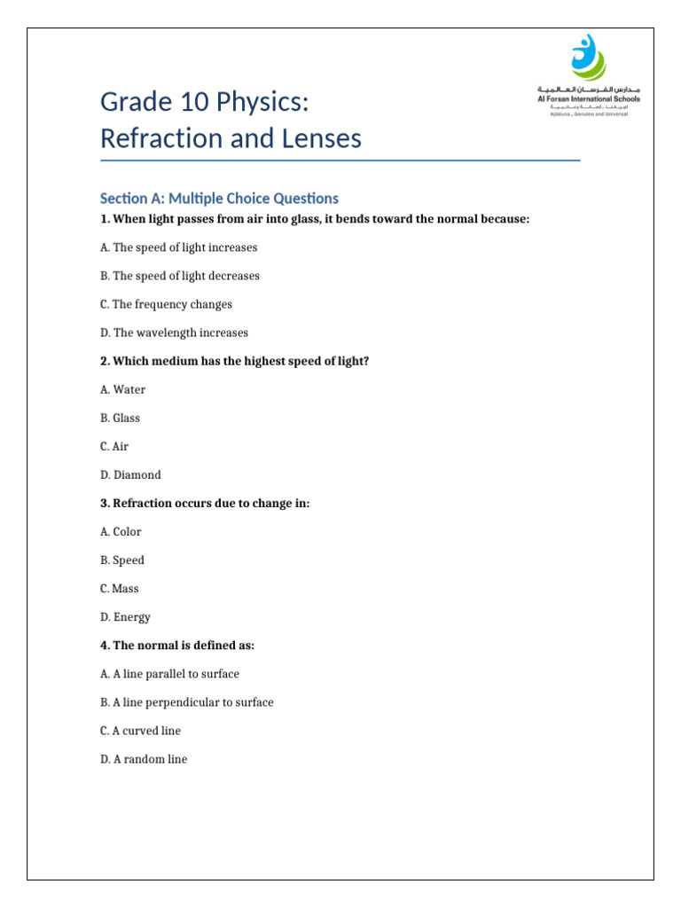Refraction worksheet | PDF | Refraction | Light
