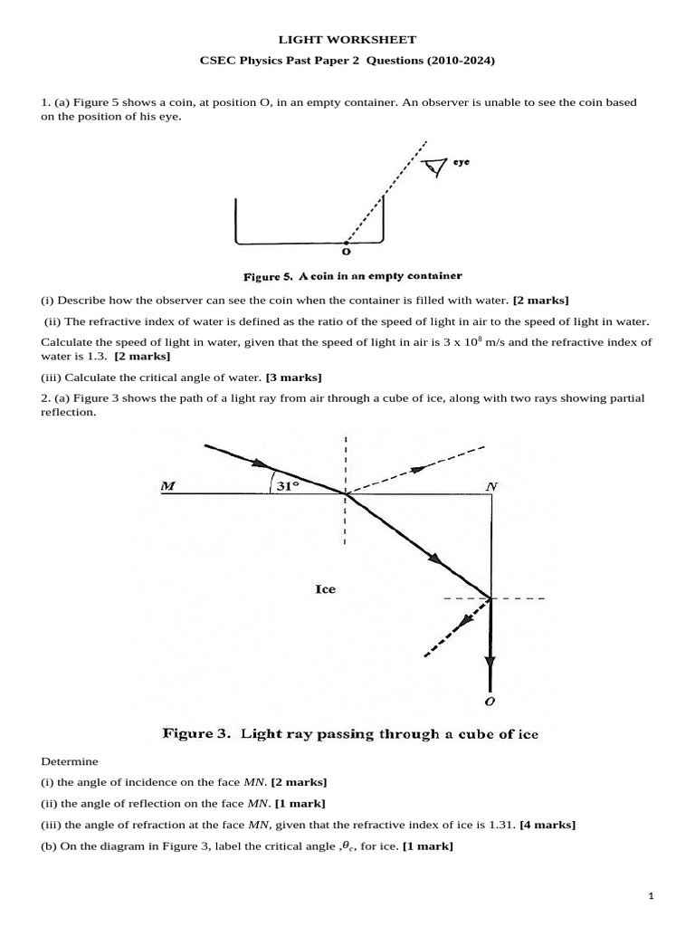 19. Light Worksheet | PDF | Refraction | Light