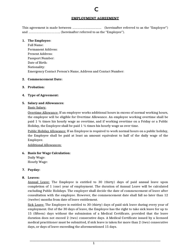 Employment Agreement Sample (Fillable) | PDF | Overtime | Employment