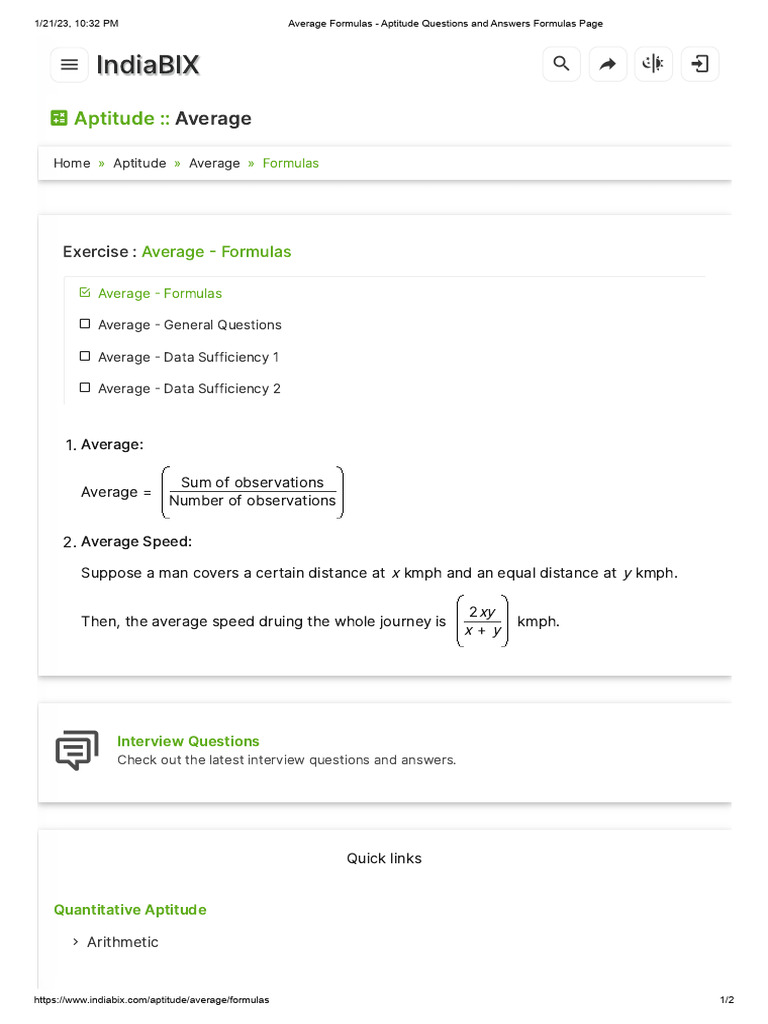 Average Formulas - Aptitude Questions and Answers Formulas Page | PDF