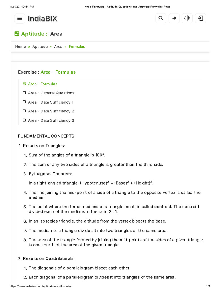 Area Formulas - Aptitude Questions and Answers Formulas Page | PDF ...