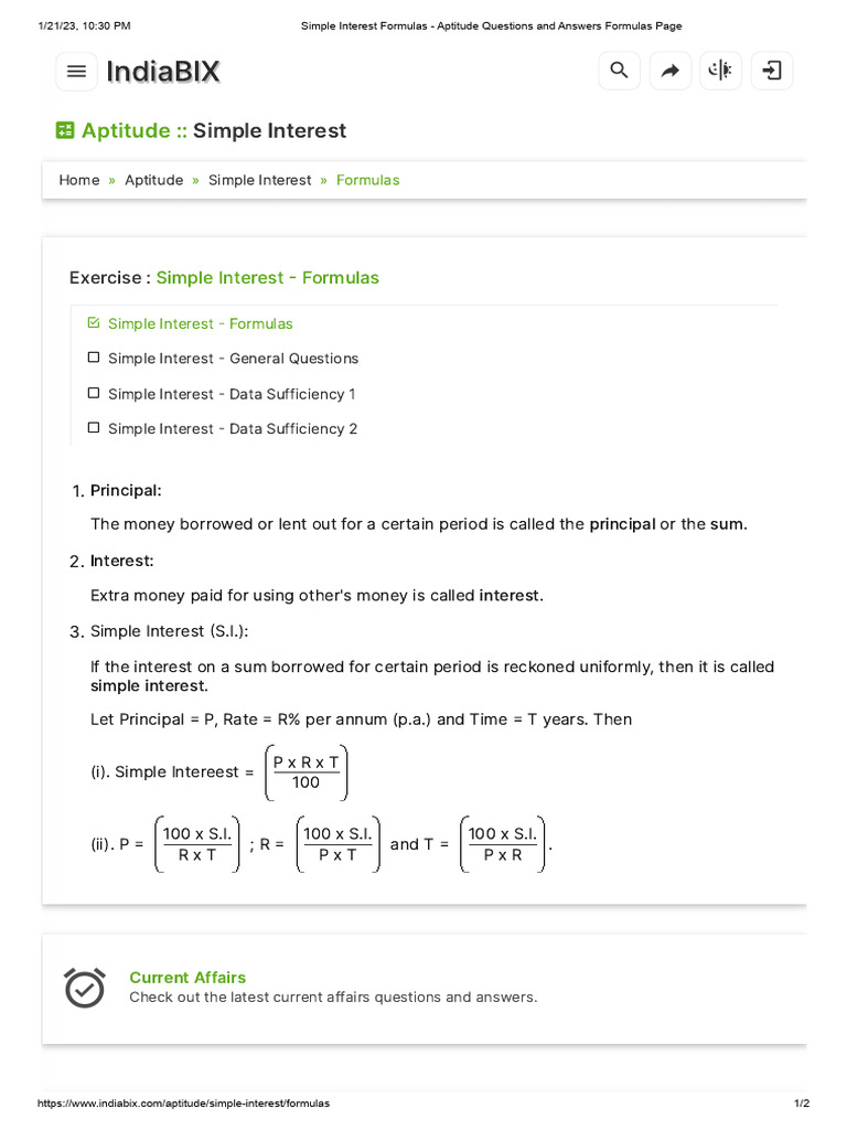 Simple Interest Formulas - Aptitude Questions and Answers Formulas Page ...