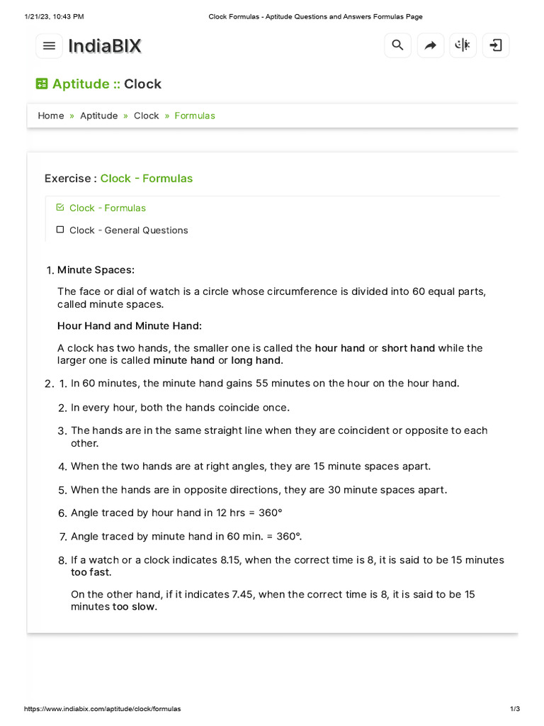 Clock Formulas - Aptitude Questions and Answers Formulas Page | PDF
