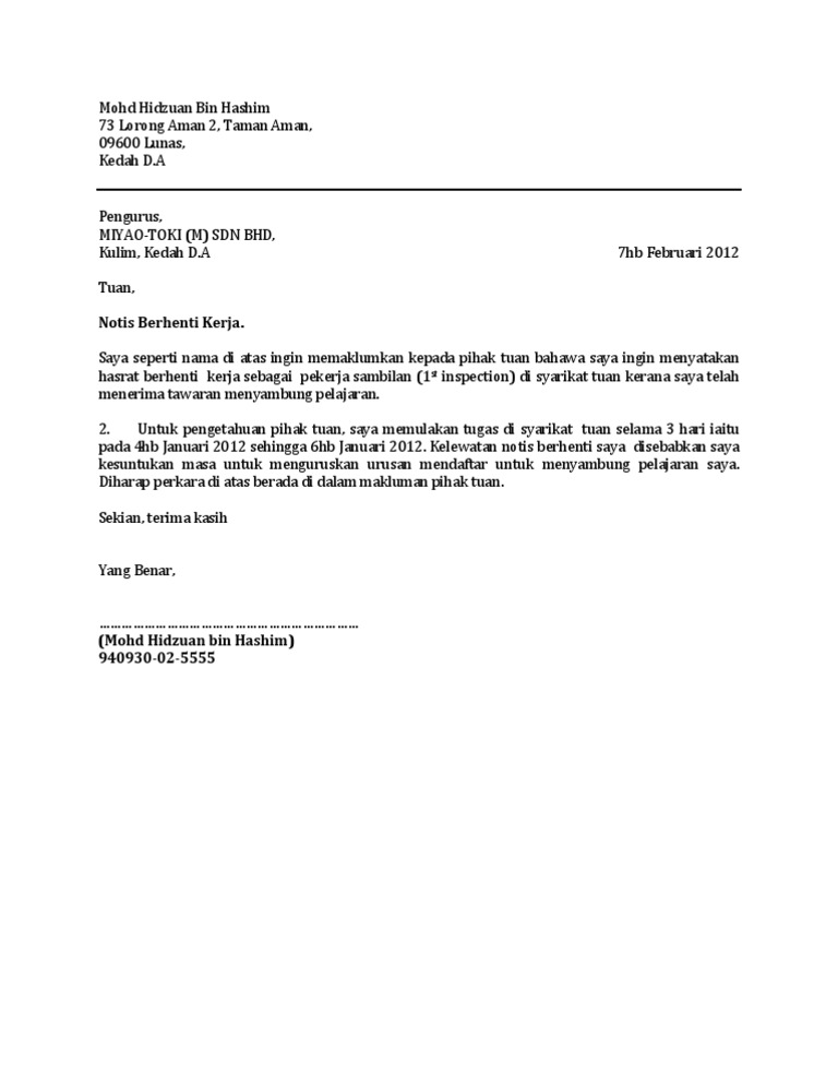 Notis Berhenti Kerja Pdf