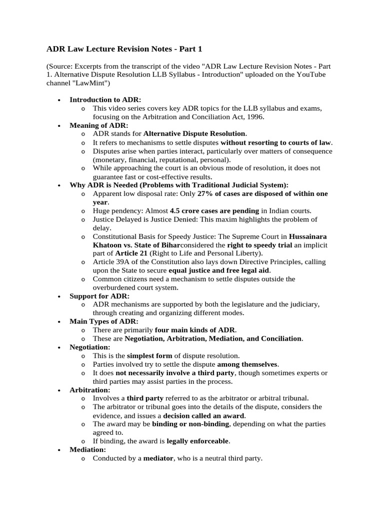 ADR Law Lecture Revision Notes | PDF | Mediation | Alternative Dispute ...