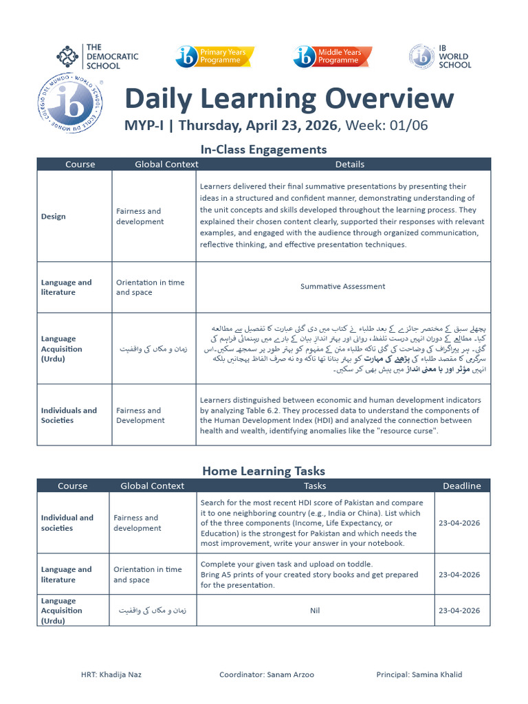 01-MYP-I-Daily Learning Overview 23-04-2026.docx - Google Docs | PDF ...